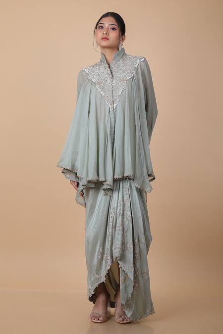 Anamika Khanna_Grey Chiffon, Silk Pearls, Embroidery Mandarin Floral Tunic And Draped Skirt Set_at_Aza_Fashions