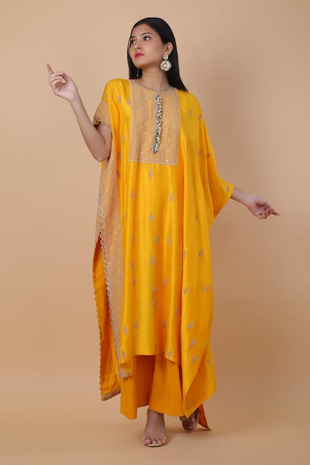 Anamika Khanna Yellow Embroidered Floral Round Kaftan And Draped Skirt Set 