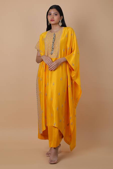 Anamika Khanna_Yellow Cotton Embroidery Round Neck Floral Kaftan And Draped Skirt Set_Online_at_Aza_Fashions