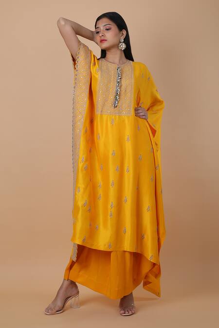 Buy_Anamika Khanna_Yellow Cotton Embroidery Round Neck Floral Kaftan And Draped Skirt Set_Online_at_Aza_Fashions