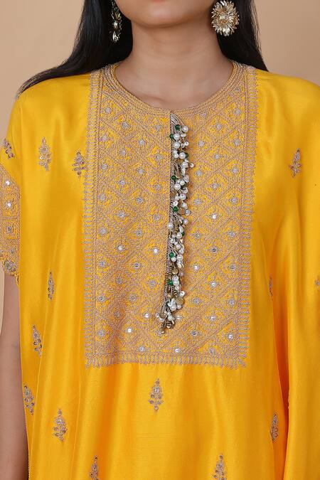 Shop_Anamika Khanna_Yellow Cotton Embroidery Round Neck Floral Kaftan And Draped Skirt Set_Online_at_Aza_Fashions