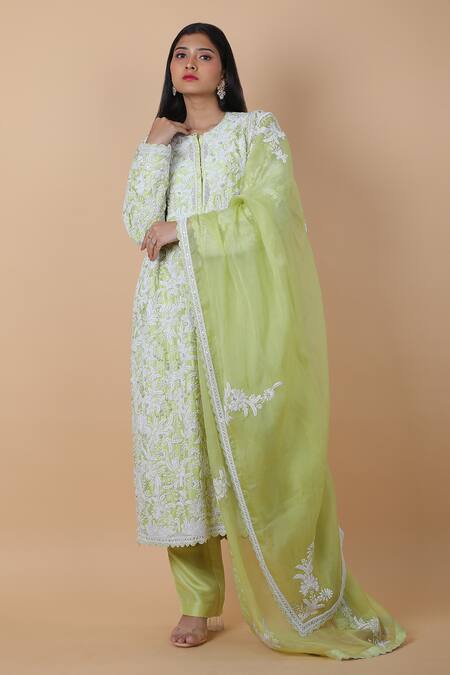 Anamika Khanna_Green Cotton, Silk, Chiffon Lace, Embroidery, Beads, Floral Kurta Pant Set _Online_at_Aza_Fashions