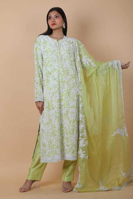 Buy_Anamika Khanna_Green Cotton, Silk, Chiffon Lace, Embroidery, Beads, Floral Kurta Pant Set _Online_at_Aza_Fashions