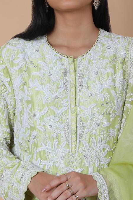 Shop_Anamika Khanna_Green Cotton, Silk, Chiffon Lace, Embroidery, Beads, Floral Kurta Pant Set _Online_at_Aza_Fashions