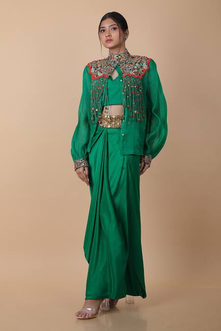 Anamika Khanna_Green Silk Sequins, Beads Tasseled Embellished Cape And Draped Skirt Set_Online_at_Aza_Fashions