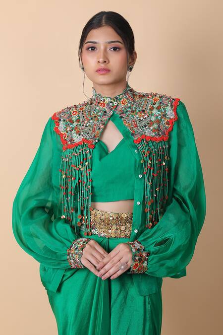 Buy_Anamika Khanna_Green Silk Sequins, Beads Tasseled Embellished Cape And Draped Skirt Set_Online_at_Aza_Fashions