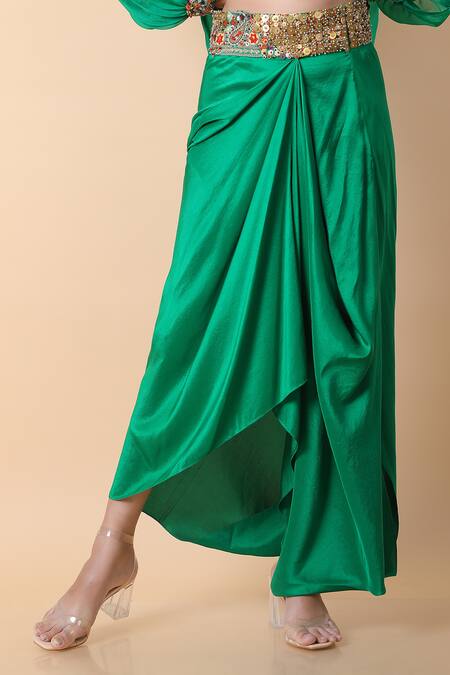 Shop_Anamika Khanna_Green Silk Sequins, Beads Tasseled Embellished Cape And Draped Skirt Set_Online_at_Aza_Fashions