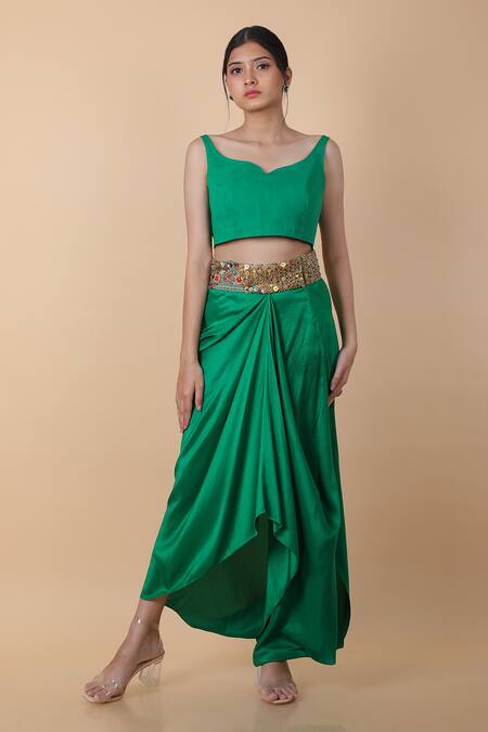 Anamika Khanna_Green Silk Sequins, Beads Tasseled Embellished Cape And Draped Skirt Set_at_Aza_Fashions