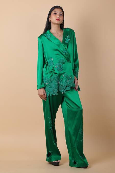 Anamika Khanna_Green Embroidery Floral Embellished Blazer And Pant Set_Online_at_Aza_Fashions