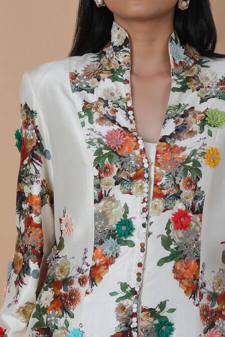 Anamika Khanna_Multi Color Silk Beads, Fabric Flowers, Floral Pattern Kalidar Coat And Pant Set_Online_at_Aza_Fashions
