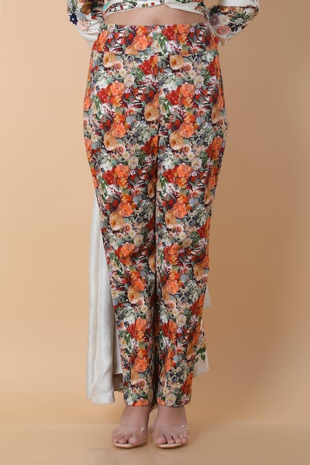 Buy_Anamika Khanna_Multi Color Silk Beads, Fabric Flowers, Floral Pattern Kalidar Coat And Pant Set_Online_at_Aza_Fashions