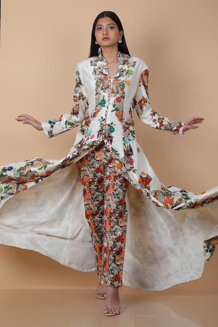 Shop_Anamika Khanna_Multi Color Silk Beads, Fabric Flowers, Floral Pattern Kalidar Coat And Pant Set_Online_at_Aza_Fashions