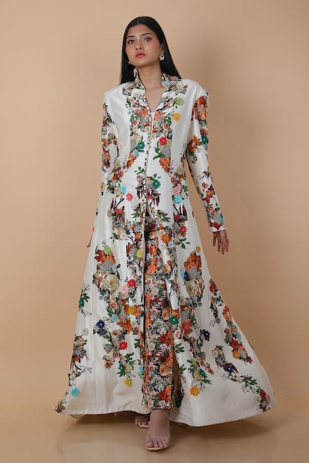 Anamika Khanna_Multi Color Silk Beads, Fabric Flowers, Floral Pattern Kalidar Coat And Pant Set_at_Aza_Fashions