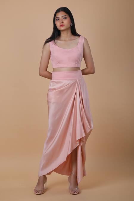 Anamika Khanna_Pink Tassels, Beads Round Neck Cape And Draped Skirt Set_Online_at_Aza_Fashions
