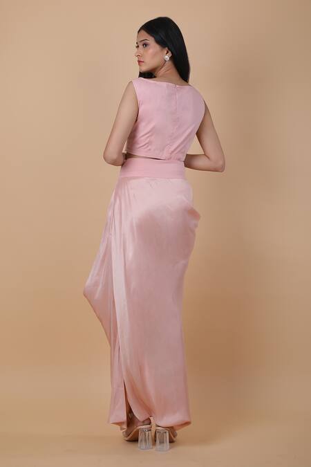 Anamika Khanna_Pink Tassels, Beads Round Neck Cape And Draped Skirt Set_at_Aza_Fashions