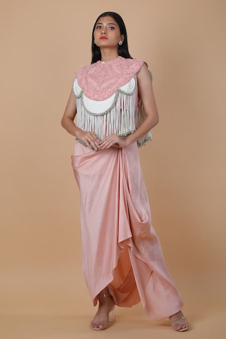 Buy_Anamika Khanna_Pink Tassels, Beads Round Neck Cape And Draped Skirt Set