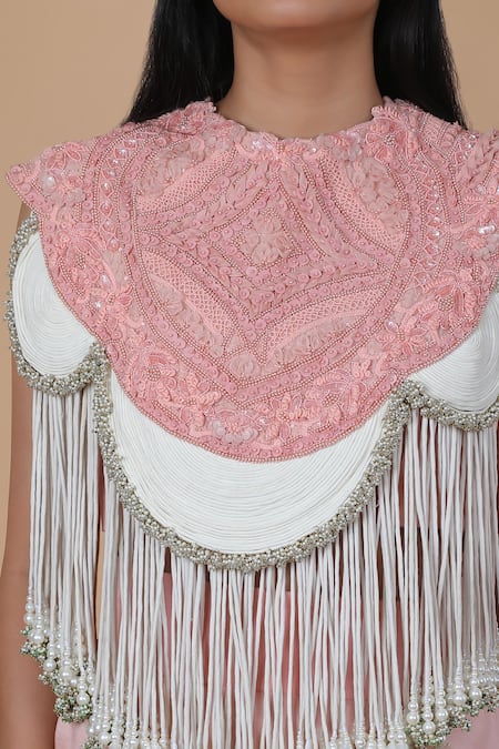 Shop_Anamika Khanna_Pink Tassels, Beads Round Neck Cape And Draped Skirt Set