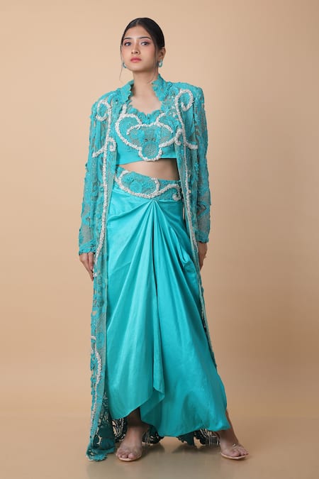 Anamika Khanna Blue Embroidered Fleur Blouse U Neck Long Coat And Draped Skirt Set 