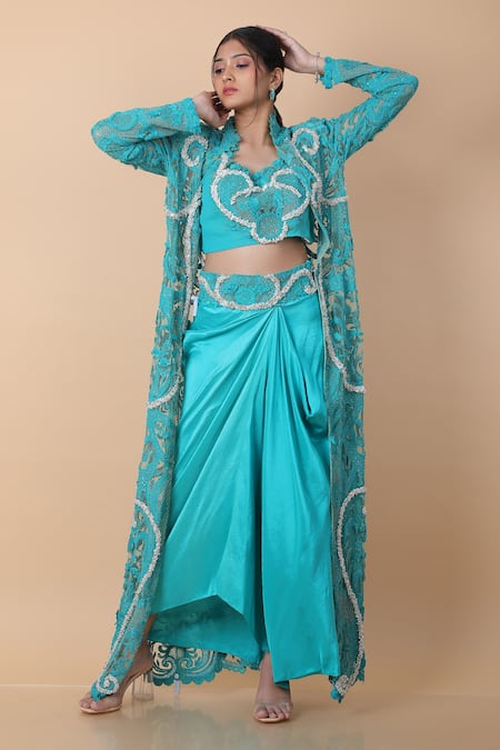 Anamika Khanna_Blue Silk Pearls, Embroidery Round Neck, Fleur Long Coat And Draped Skirt Set_Online_at_Aza_Fashions