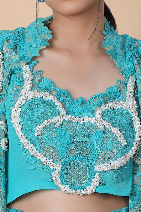 Buy_Anamika Khanna_Blue Silk Pearls, Embroidery Round Neck, Fleur Long Coat And Draped Skirt Set_Online_at_Aza_Fashions