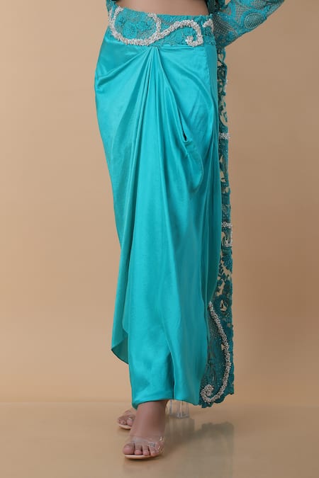 Shop_Anamika Khanna_Blue Silk Pearls, Embroidery Round Neck, Fleur Long Coat And Draped Skirt Set_Online_at_Aza_Fashions