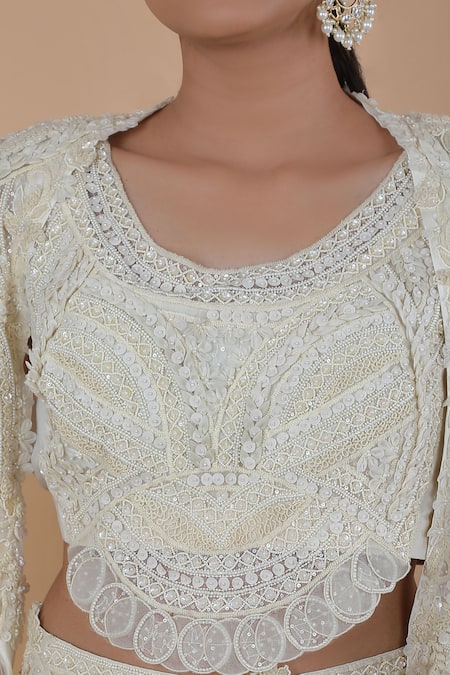 Anamika Khanna_Off White Silk Embroidery Round Neck Border Cape Skirt Set_at_Aza_Fashions