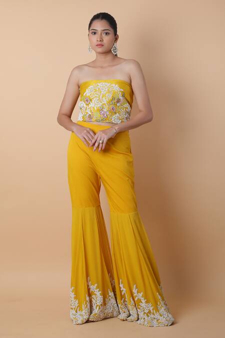 Anamika Khanna_Yellow Silk Embroidery Border Pre-draped Sharara Saree Set _Online_at_Aza_Fashions
