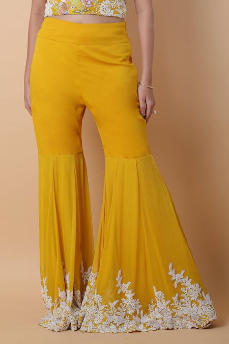 Buy_Anamika Khanna_Yellow Silk Embroidery Border Pre-draped Sharara Saree Set _Online_at_Aza_Fashions