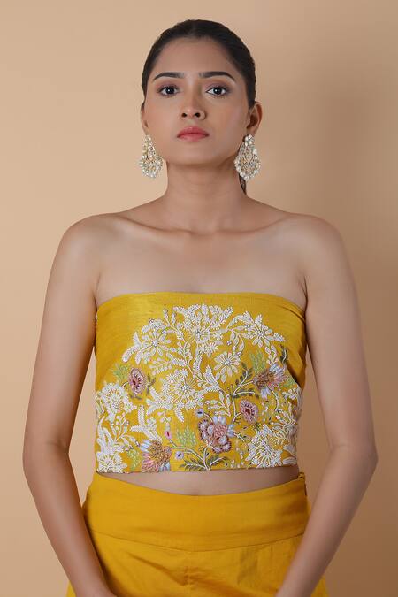 Shop_Anamika Khanna_Yellow Silk Embroidery Border Pre-draped Sharara Saree Set _Online_at_Aza_Fashions