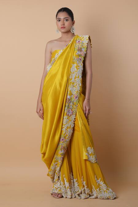 Anamika Khanna_Yellow Silk Embroidery Border Pre-draped Sharara Saree Set _at_Aza_Fashions