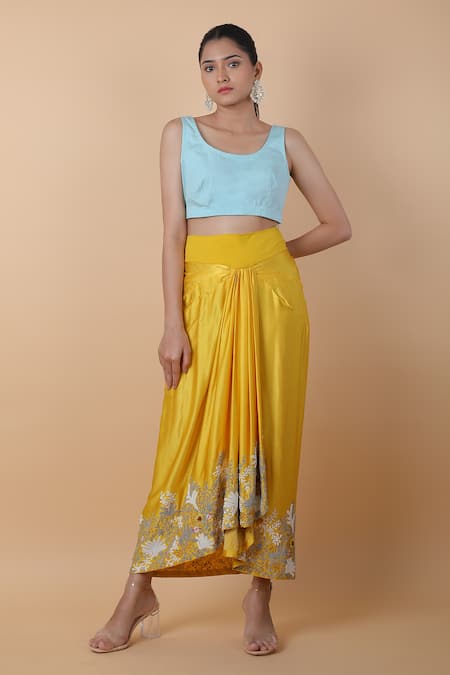 Anamika Khanna_Blue Chanderi Embroidery, Beads Round Neck Long Cape Skirt Set_Online_at_Aza_Fashions