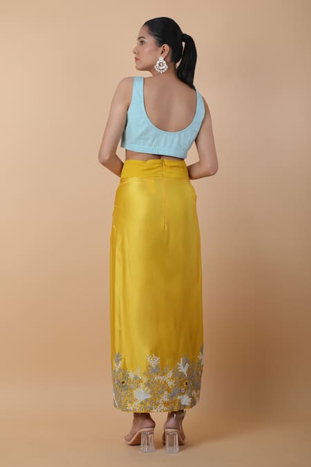 Anamika Khanna_Blue Chanderi Embroidery, Beads Round Neck Long Cape Skirt Set_at_Aza_Fashions