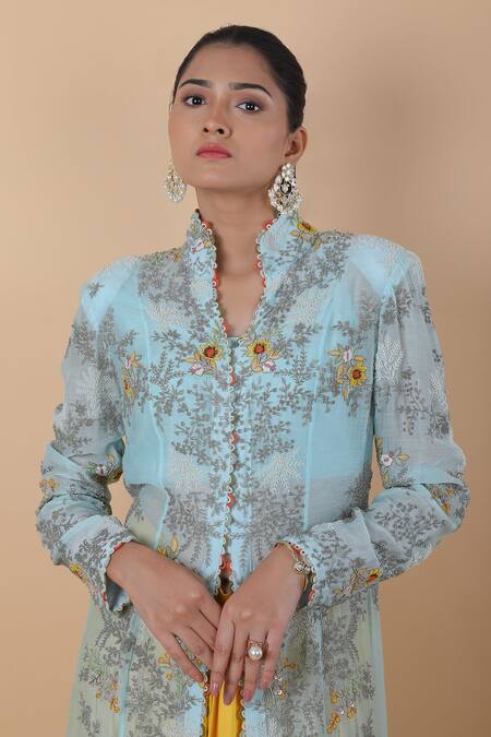 Shop_Anamika Khanna_Blue Chanderi Embroidery, Beads Round Neck Long Cape Skirt Set