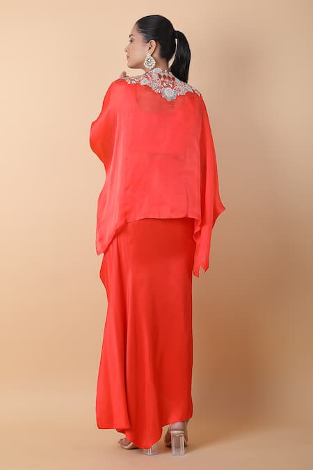 Shop_Anamika Khanna_Coral Silk Embroidery, Sequins, Beads V-, Round Top Skirt Set_at_Aza_Fashions