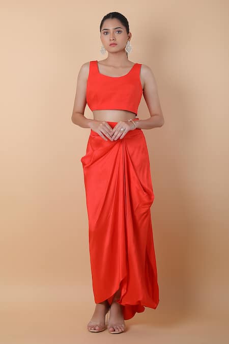 Anamika Khanna_Coral Silk Embroidery, Sequins, Beads V-, Round Top Skirt Set_Online_at_Aza_Fashions