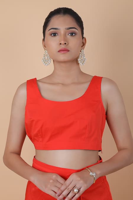 Buy_Anamika Khanna_Coral Silk Embroidery, Sequins, Beads V-, Round Top Skirt Set_Online_at_Aza_Fashions