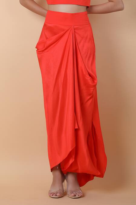 Shop_Anamika Khanna_Coral Silk Embroidery, Sequins, Beads V-, Round Top Skirt Set_Online_at_Aza_Fashions