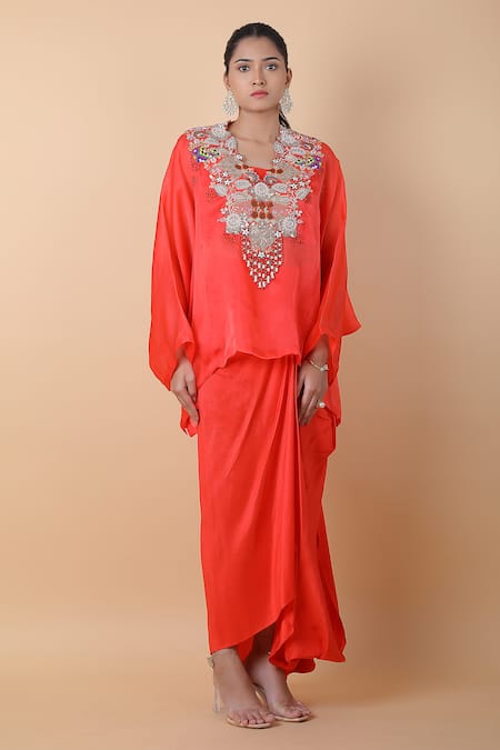 Anamika Khanna_Coral Silk Embroidery, Sequins, Beads V-, Round Top Skirt Set_at_Aza_Fashions