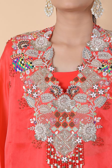 Buy_Anamika Khanna_Coral Silk Embroidery, Sequins, Beads V-, Round Top Skirt Set