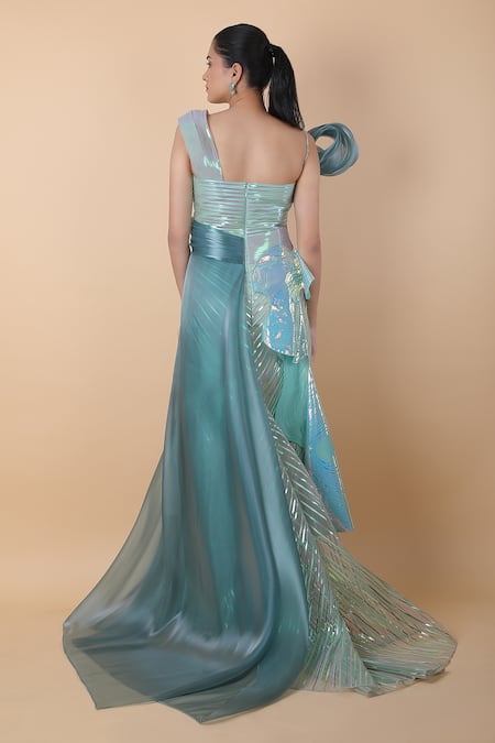 Shop_Amit Aggarwal_Green Applique V-neck Embroidered Dress _at_Aza_Fashions