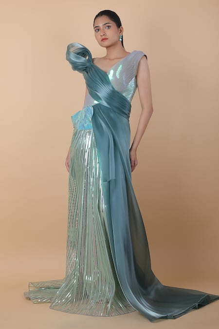 Amit Aggarwal_Green Applique V-neck Embroidered Dress _Online_at_Aza_Fashions