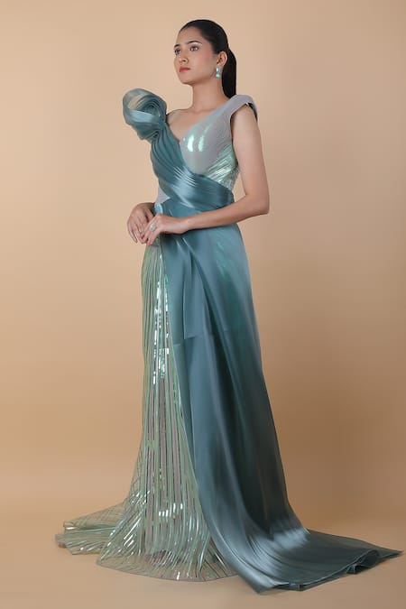 Buy_Amit Aggarwal_Green Applique V-neck Embroidered Dress _Online_at_Aza_Fashions