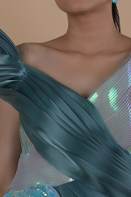 Shop_Amit Aggarwal_Green Applique V-neck Embroidered Dress _Online_at_Aza_Fashions