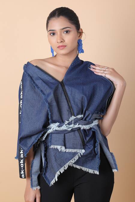 Buy_Anamika Khanna_Blue Cotton Fringe Asymmetric Edge Top And Pant Set_Online_at_Aza_Fashions