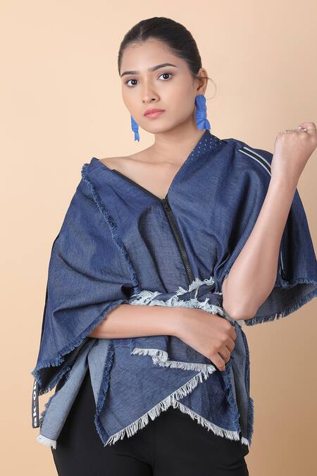 Shop_Anamika Khanna_Blue Cotton Fringe Asymmetric Edge Top And Pant Set_Online_at_Aza_Fashions