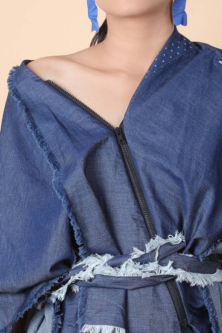 Anamika Khanna_Blue Cotton Fringe Asymmetric Edge Top And Pant Set_at_Aza_Fashions