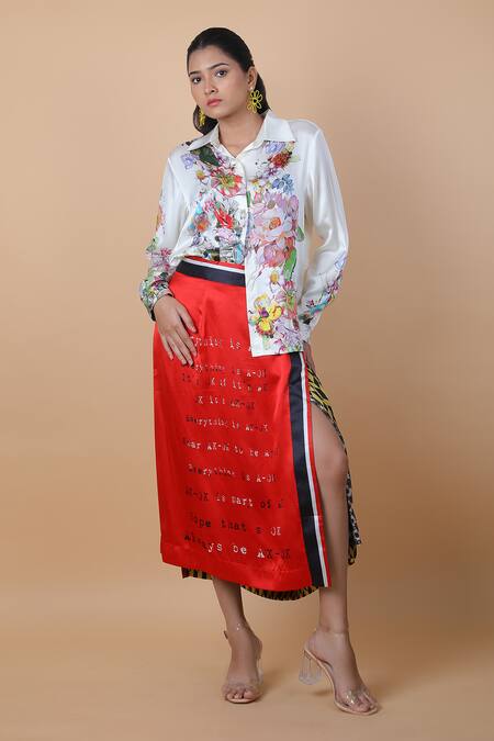 Anamika Khanna_White Silk Embroidery Collared Floral Print Shirt And Skirt Set_Online_at_Aza_Fashions