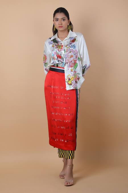 Buy_Anamika Khanna_White Silk Embroidery Collared Floral Print Shirt And Skirt Set_Online_at_Aza_Fashions