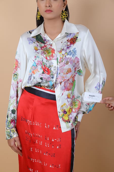 Shop_Anamika Khanna_White Silk Embroidery Collared Floral Print Shirt And Skirt Set_Online_at_Aza_Fashions