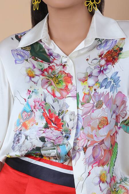 Anamika Khanna_White Silk Embroidery Collared Floral Print Shirt And Skirt Set_at_Aza_Fashions